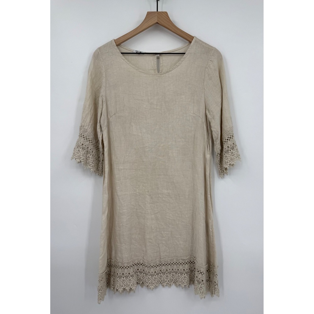Stella Rosa Dress Womens XS Beige 100% Linen Crochet Trim Made In Italy Boho‎
